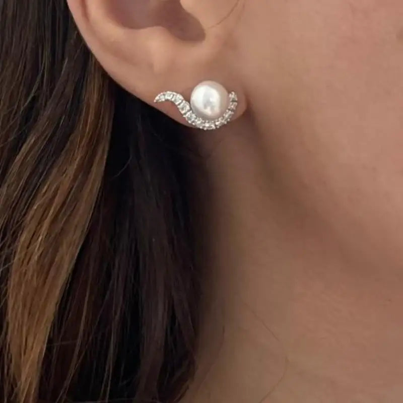 Diamond Cradled Pearl Stud Earrings