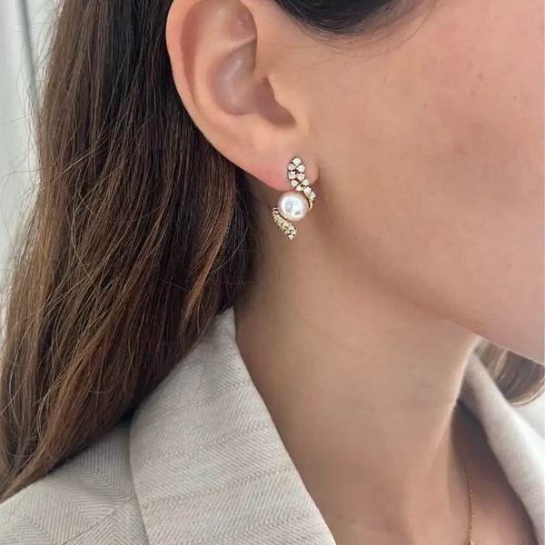 Diamond Leaves & Pearl Stud Earrings