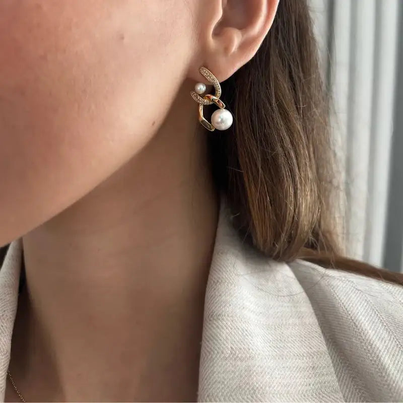 Double Pearls & Diamonds in Yellow Gold Earrings