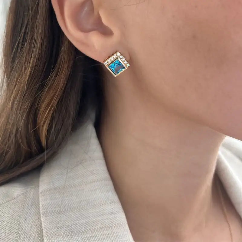 Blue Topaz & Diamonds in 14K Yellow Gold Stud Earrings