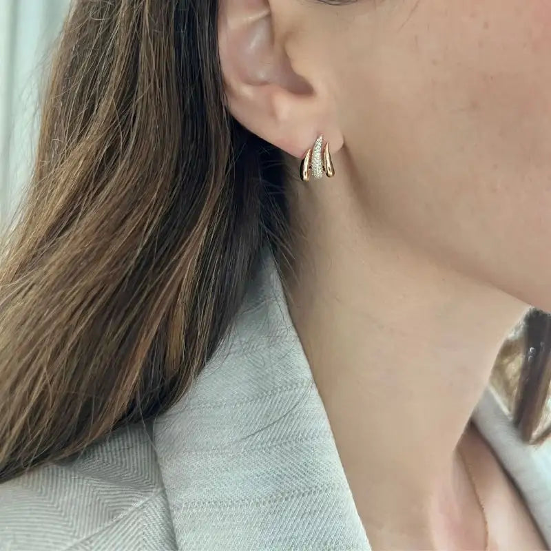 14K Yellow Diamond Three Curved Huggies Earrings