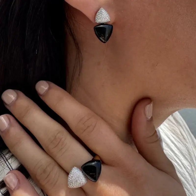 Set Black Onyx & Diamonds Earrings & Ring