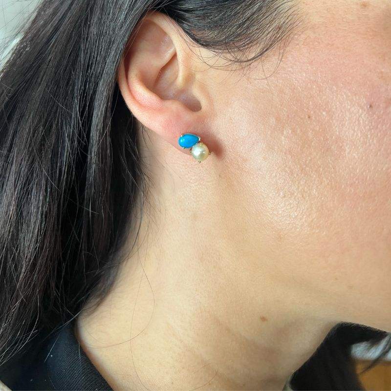 Double Drop Turquoise & Pearl Stud Earrings