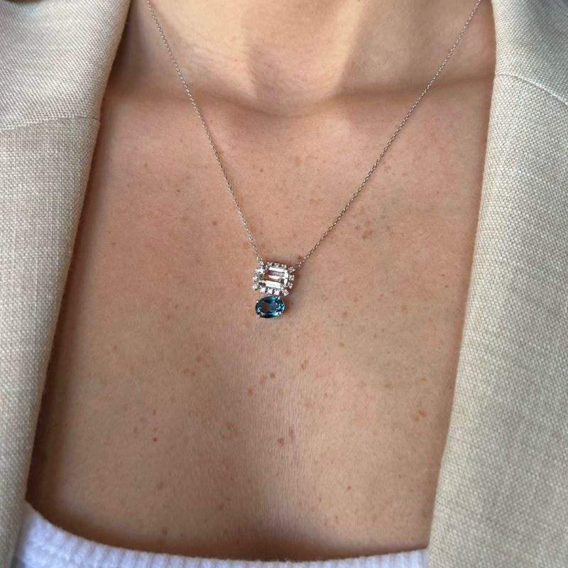 Set Blue Topaz & Quartz on White Gold Necklace & Earrings