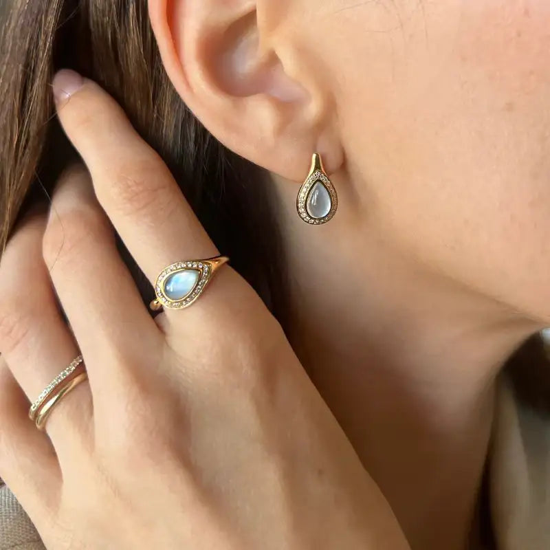 Set Mother of Pearl Teardrop on Yellow Gold Earrings & Ring