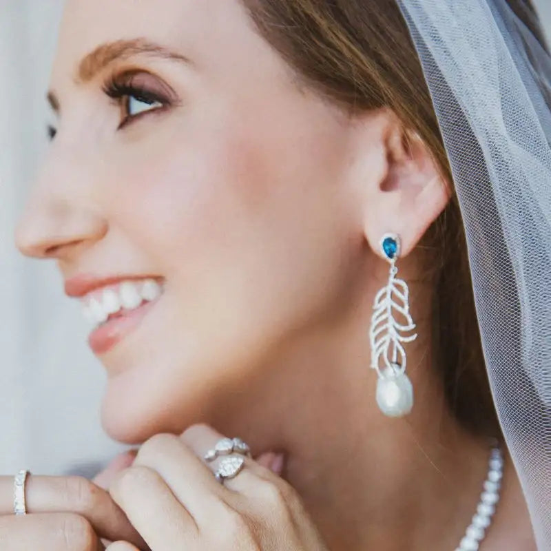 Diamond Leaf with London Blue Topaz & Pearl Earrings