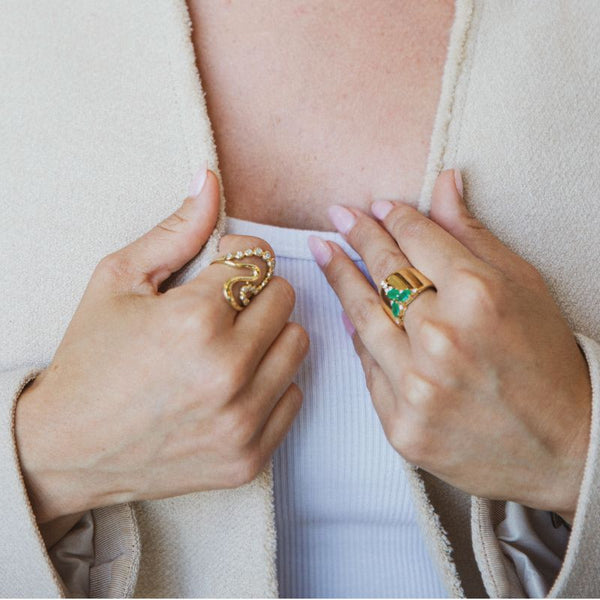 Emerald & Diamond Cascade with 14K Yellow Gold Cuff Ring