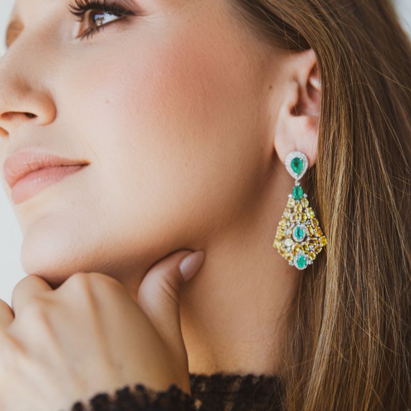 Long Drop Emerald & Yellow Sapphire Earrings