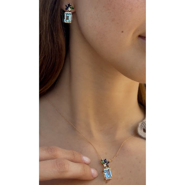 Set Blue Topaz with Tsavorite & Sapphire Flower Necklace & Earrings