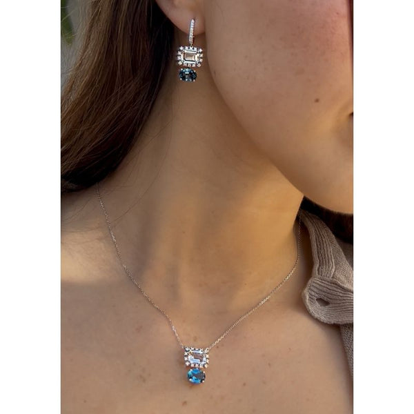 Set Blue Topaz & Quartz on White Gold Necklace & Earrings