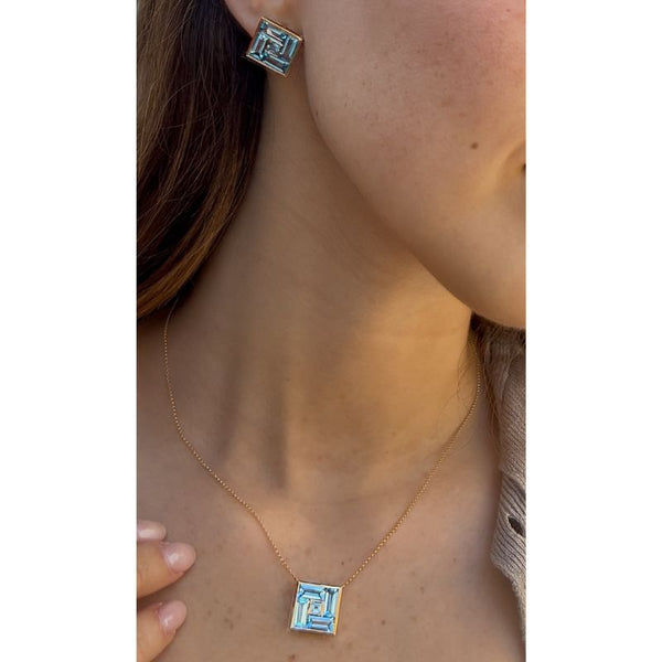 Set Baguette Blue Topaz Pendant Necklace & Earrings