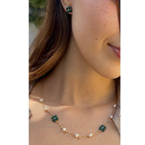 Set  Malachite Clover & Pearl Necklace & Earrings