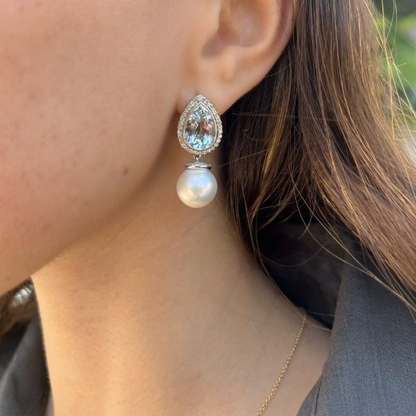 Aretes en gota de aguamarina y perla