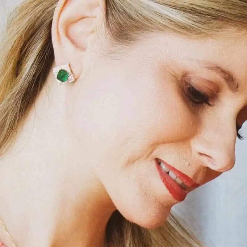 Emerald & Diamond with 14K Yellow Gold Stud Earrings