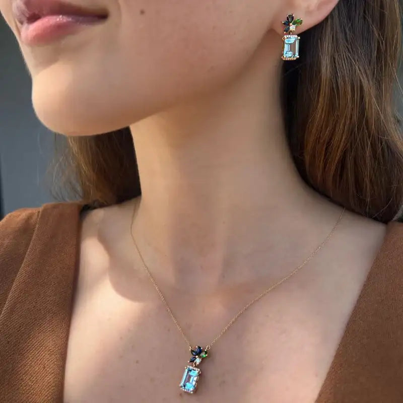 Set Blue Topaz with Sapphire & Tsavorite Earrings & Necklace