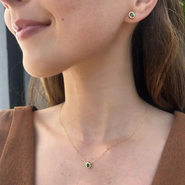 Set Oval Emerald with Circled Diamonds Necklace & Earrings