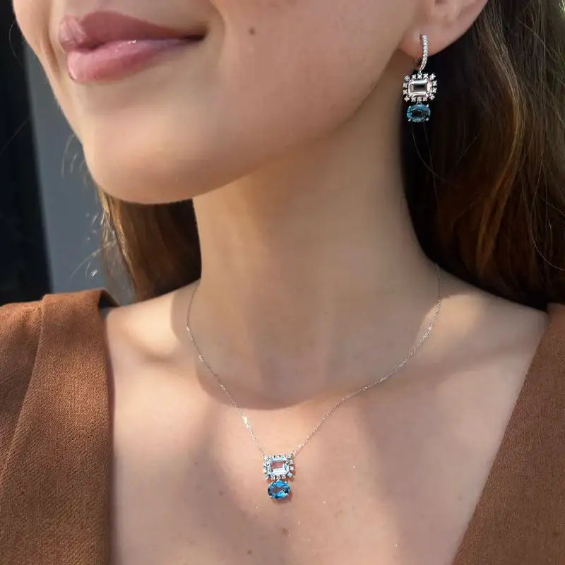 Set Blue Topaz & Quartz on White Gold Necklace & Earrings