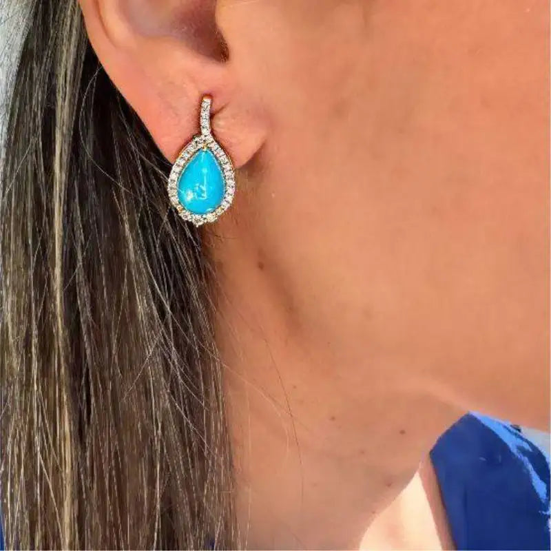 Sleeping Beauty Turquoise & Diamond Teardrop Earrings in 14K Gold