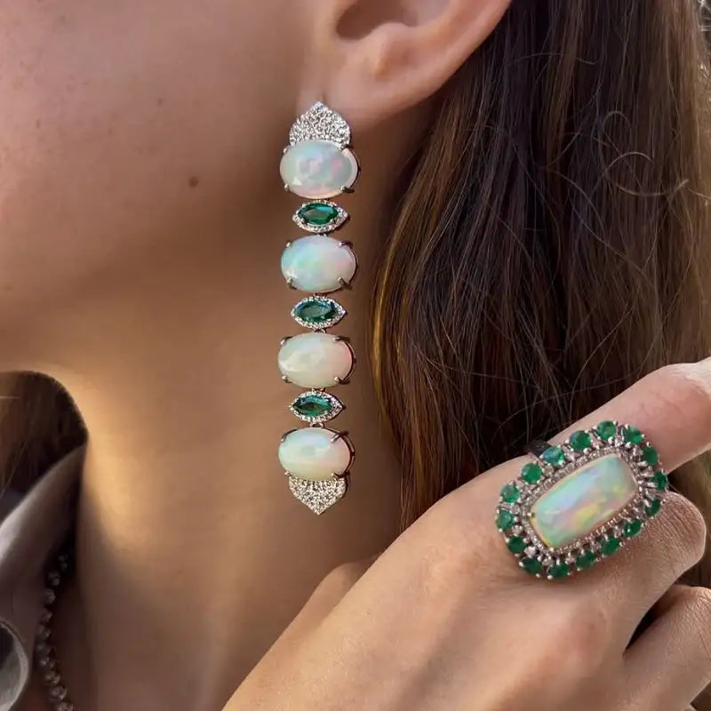 Ethiopian Opal & Emerald with Diamond Dangle Earrings