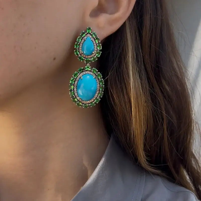 Turquoise & Tsavorite Double Drop Earrings