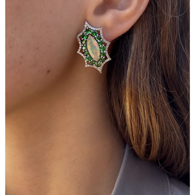 Opal & Tsavorite Eye with Diamond Stud Earrings