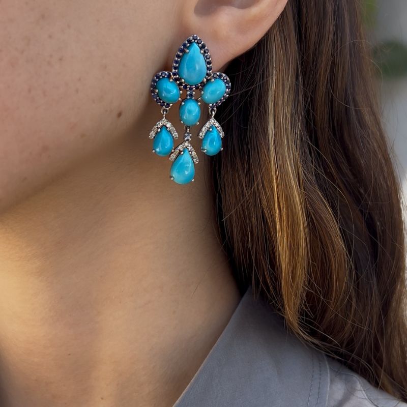 Turquoise &  Blue Sapphire Lotus Earrings