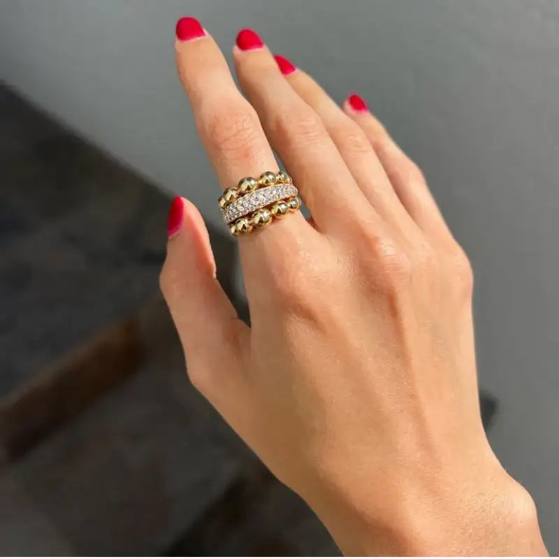 14K Yellow Gold Double Ball & Diamond Center Band Ring