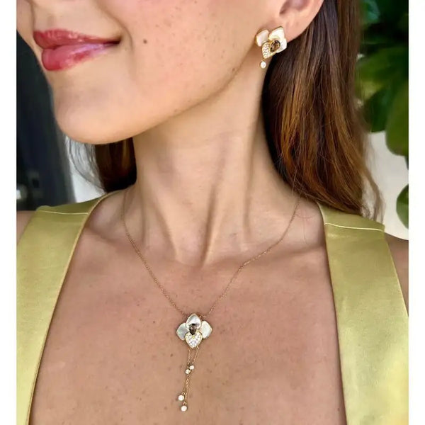 Set Lotus Mother of Pearl, Smokey Topaz Necklace & Earring