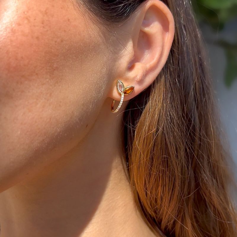 White Topaz & Citrine Leaf Huggies Earrings