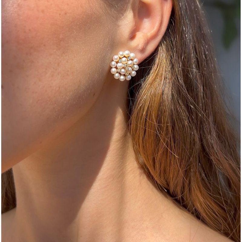 14K Yellow Gold Diamonds & Pearls Circle Earrings
