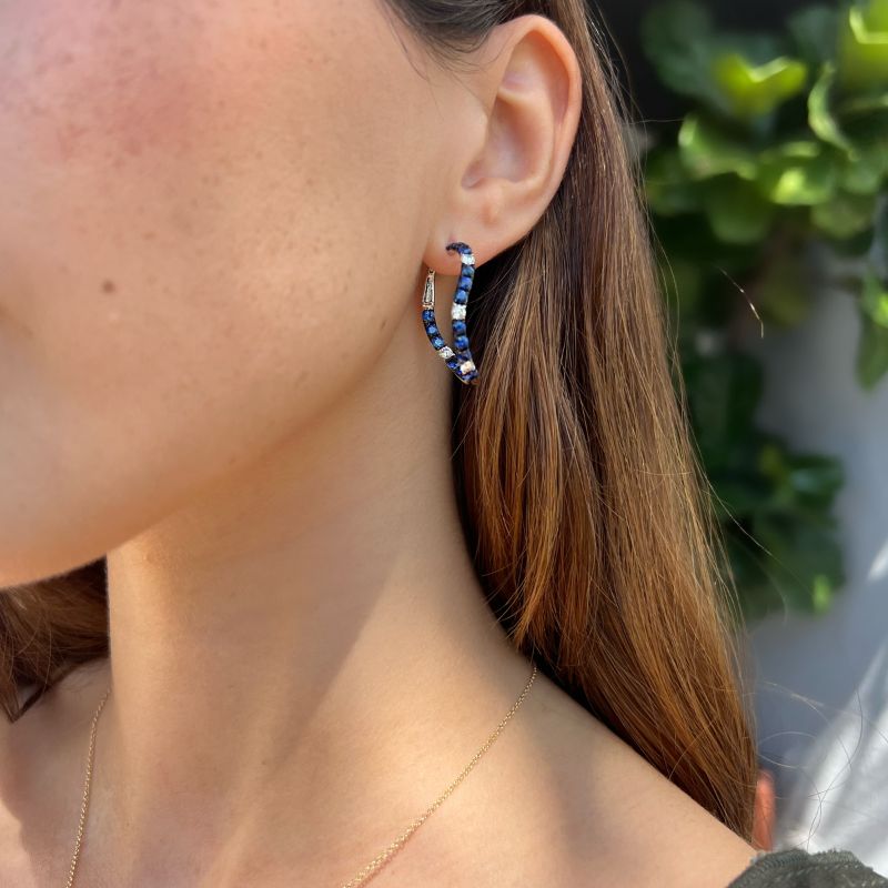 Wavy Sapphire & Diamond Hoops in 18K White Gold Earrings