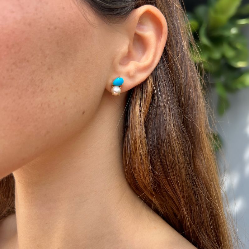 Double Drop Turquoise & Pearl Stud Earrings
