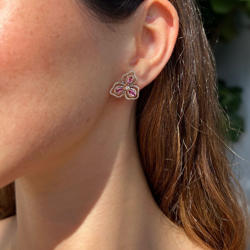 Pink Sapphire & Diamond Flower Earrings