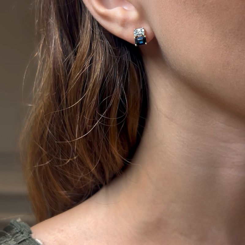 Blue Sapphire & Diamond Baguette Stud Earrings