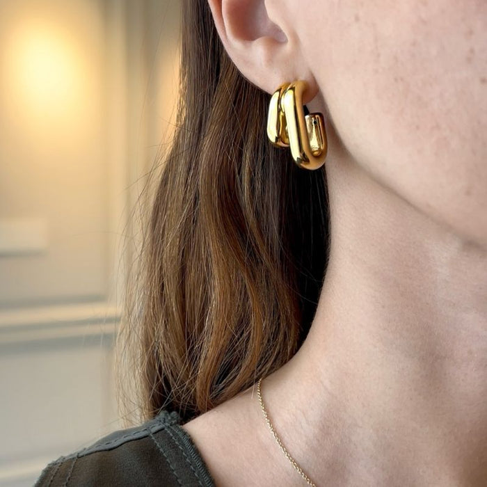 14K Yellow Gold Double Rectangle Hoop Earrings