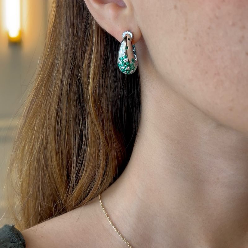 14K White Gold with Emerald & Diamond Bean Drop Earrings