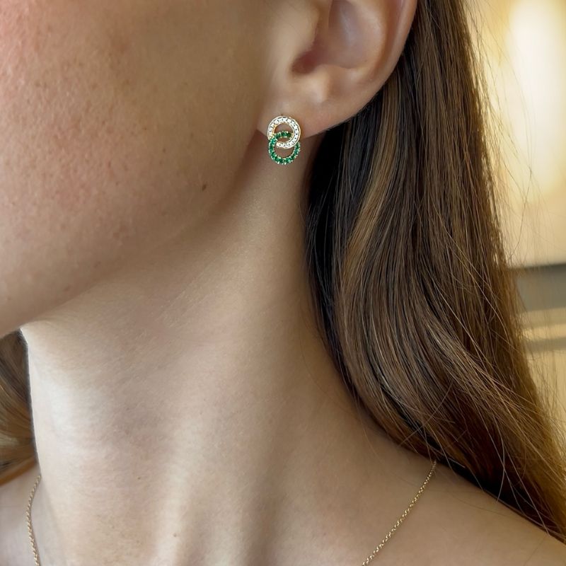 Double Circle Emerald Stud Earrings