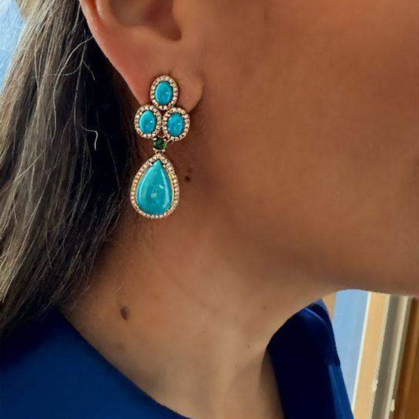 Turquoise & Diamond Oval Earrings in 14K Gold
