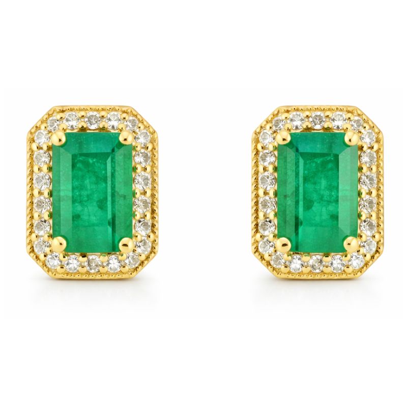 Emerald Rectangular Stud on 14K Yellow Gold Diamonds Earrings