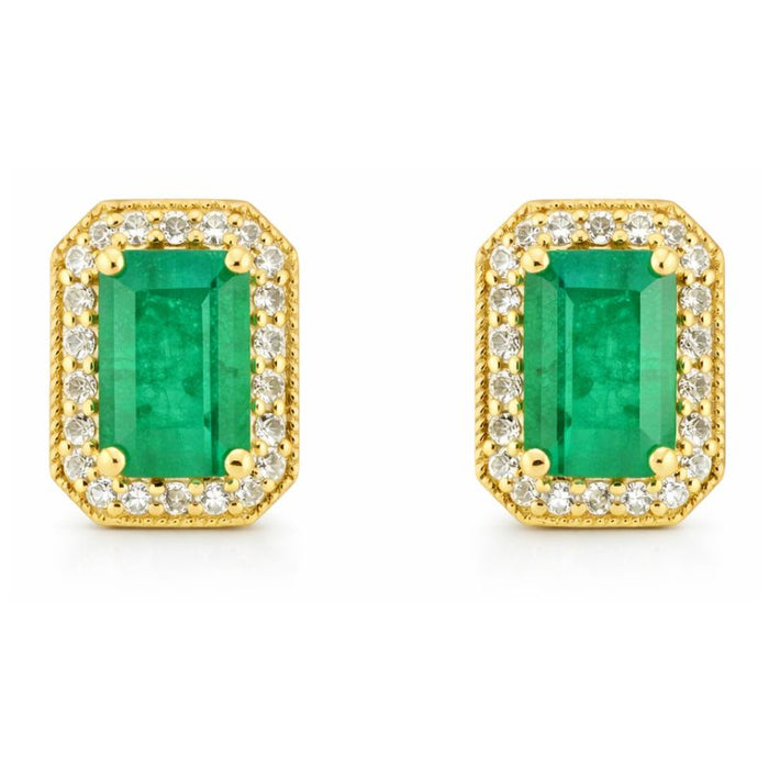 Emerald Rectangular Stud on 14K Yellow Gold Diamonds Earrings