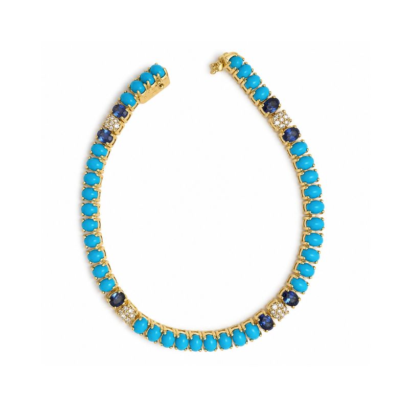 Pulsera de oro amarillo con turquesa, zafiro azul y diamantes