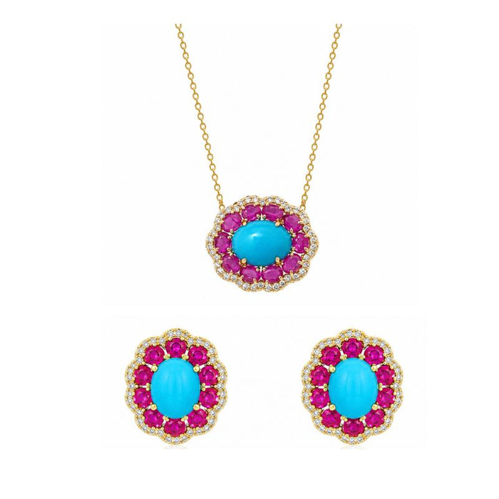 Set Turquoise with Ruby and Diamonds Necklace & Earrings