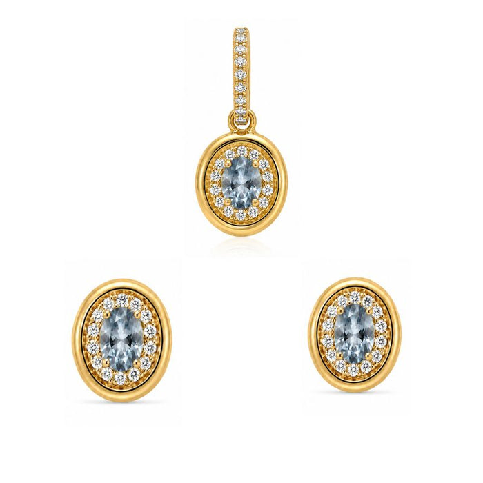 Set of 18K Yellow Gold Oval Aquamarine with Diamonds Pendant & Earrings