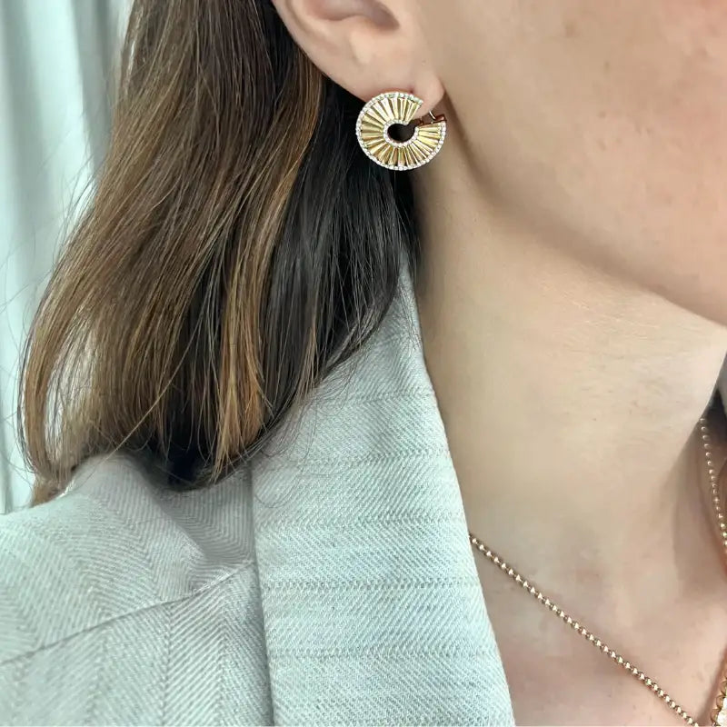 14K Yellow Gold Flute Hoop with Diamond Earrings