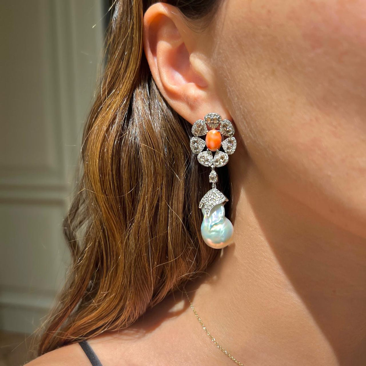 Baroque Pearl with Flower Style Diamonds & Coral Earrings