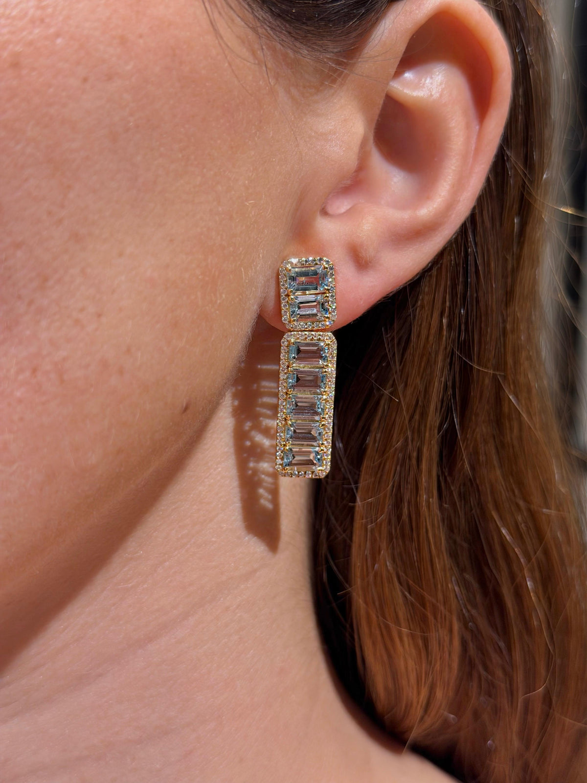 Aquamarine & Diamond on 18K Yellow Gold Long Earrings
