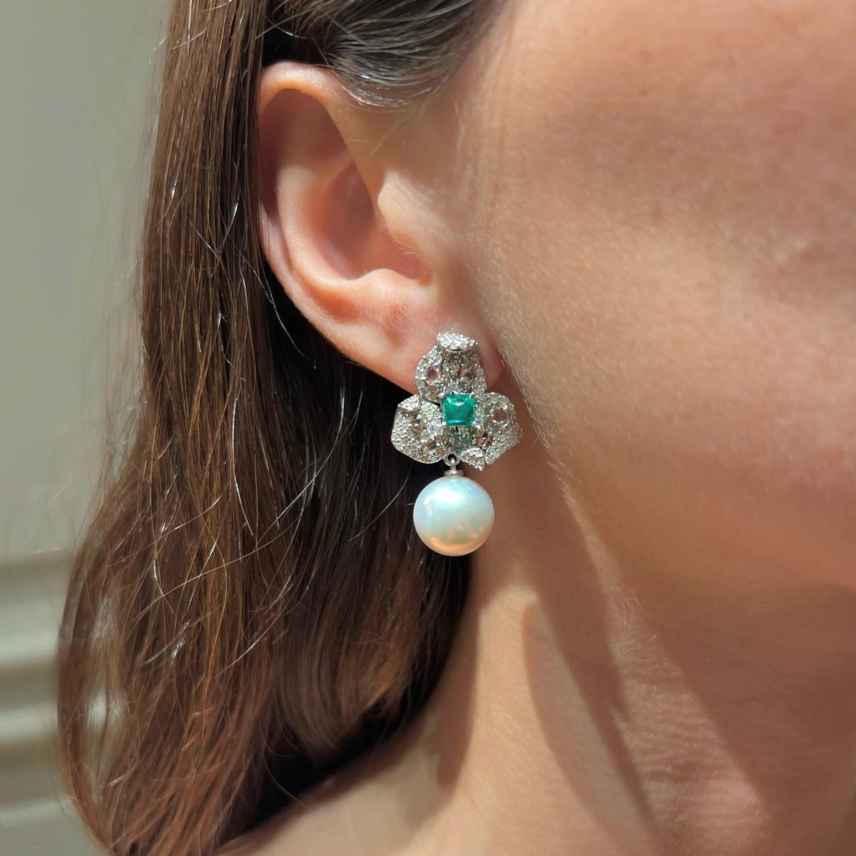 Pearl & Flower Style Emerald with Diamonds Earrings