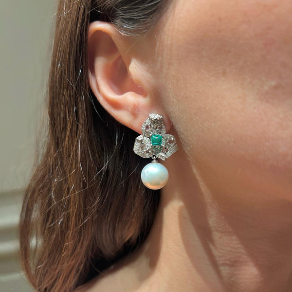 Pearl & Flower Style Emerald with Diamonds Earrings