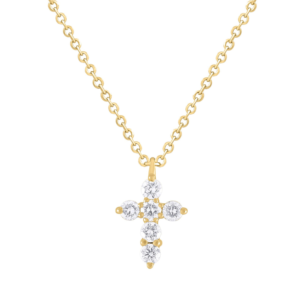 Mini Diamond Cross Pendant on 14K Yellow Gold Necklaces