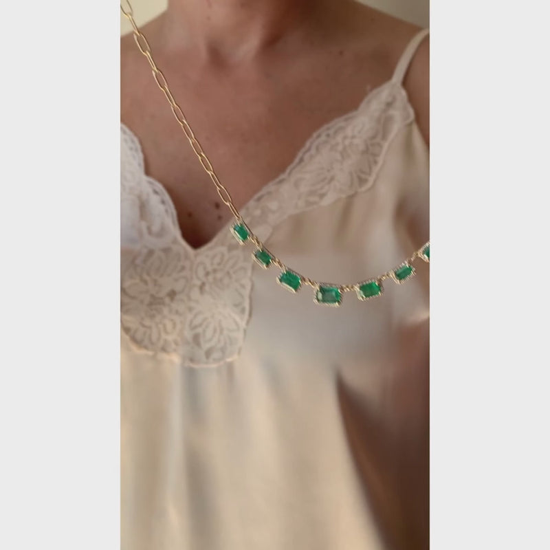 Modern 14K Yellow Gold necklace beautiful Emeralds and Diamonds